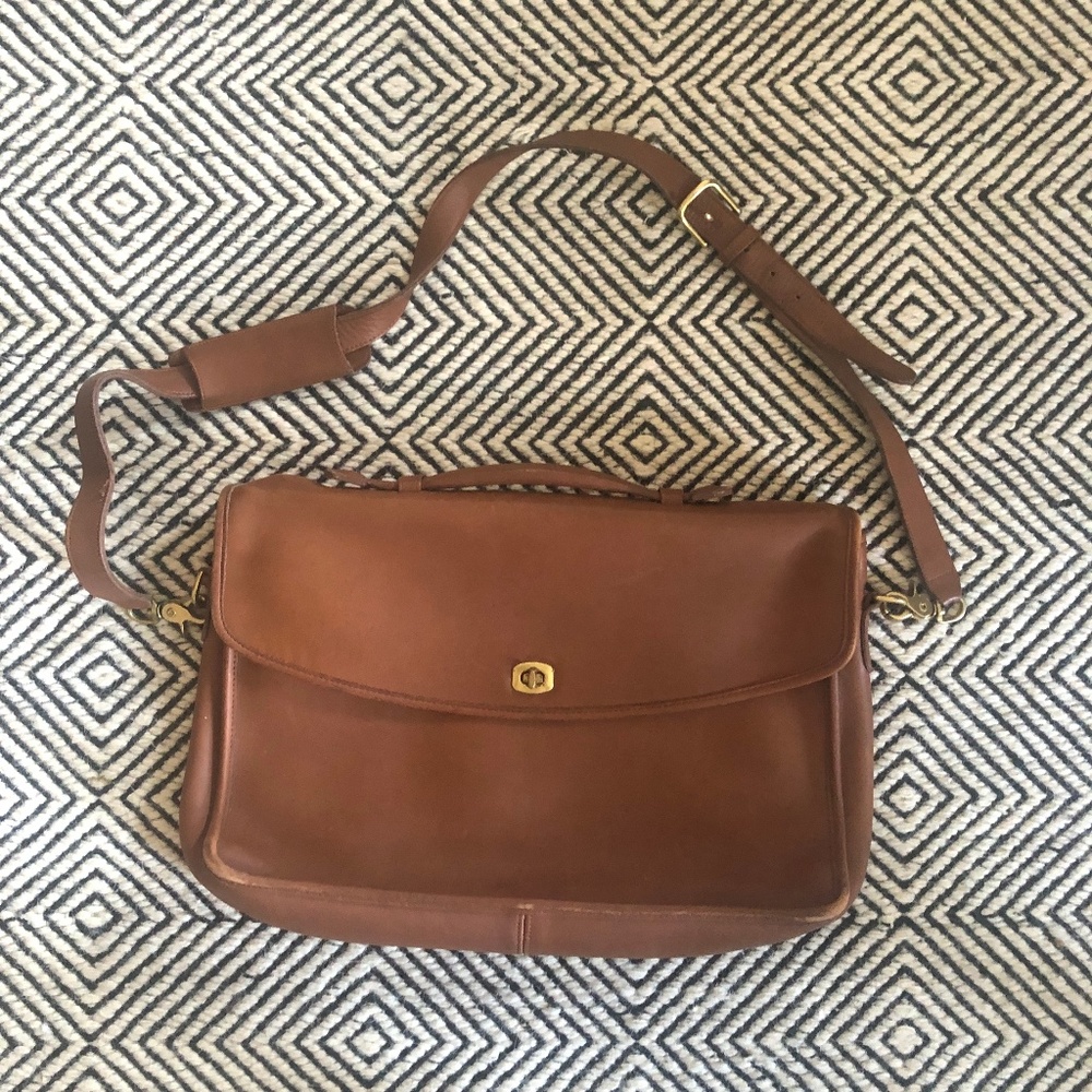 COACH light brown leather cross body briefcase